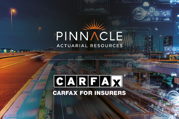 Logos of Pinnacle and CARFAX in front of graphic cityscape